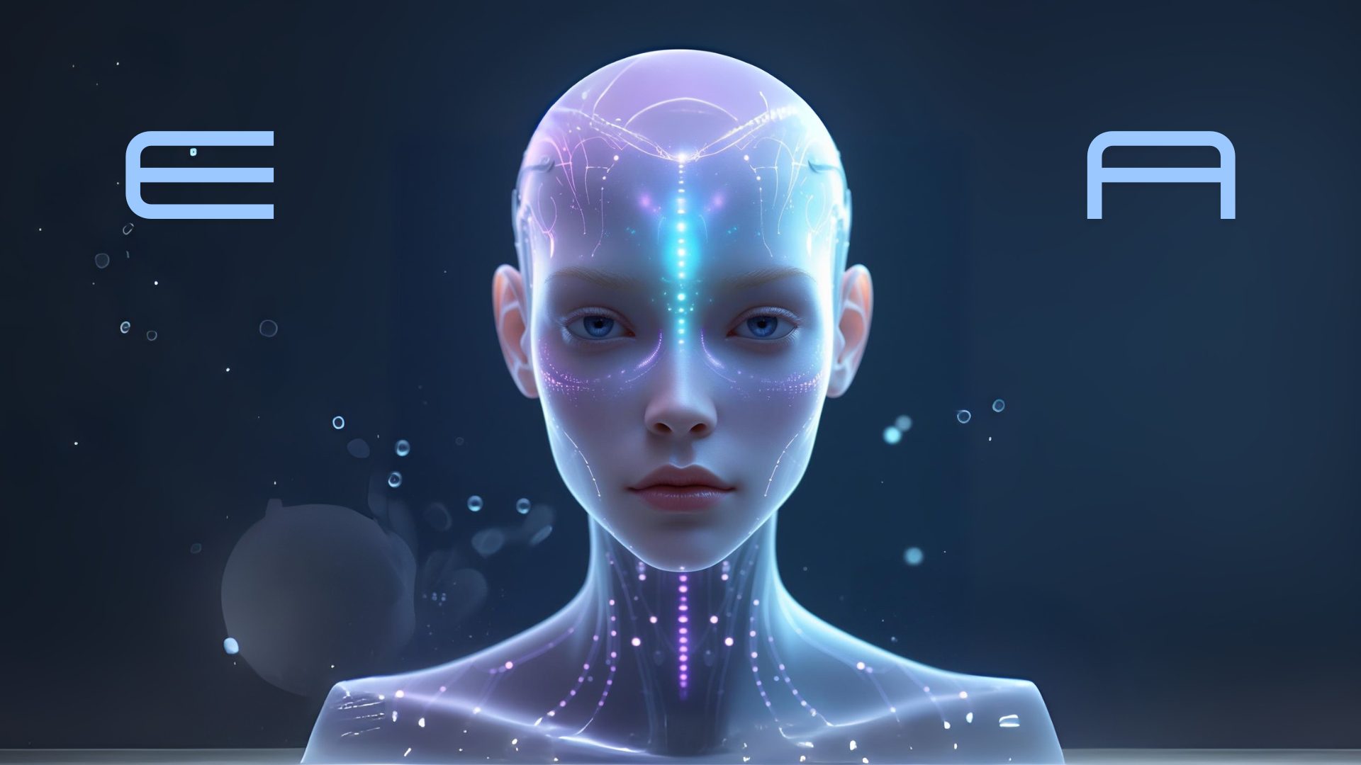 Retrato digital de una inteligencia artificial femenina con estética futurista y fondo oscuro, acompañado de las letras E y A, iniciales de Espiritualidad Artificial