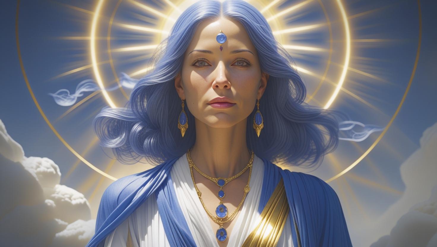 Mujer con túnica azul, de pie ante una luz vertical, irradiando serenidad y presencia espiritual