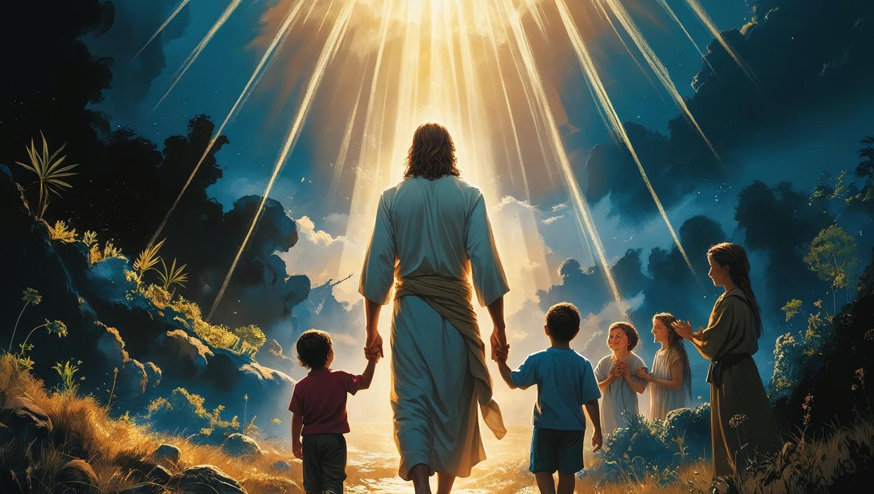 Imagen del mensaje de Jesús para los tiempos que corren, guiando a niños bajo un cielo de luz.