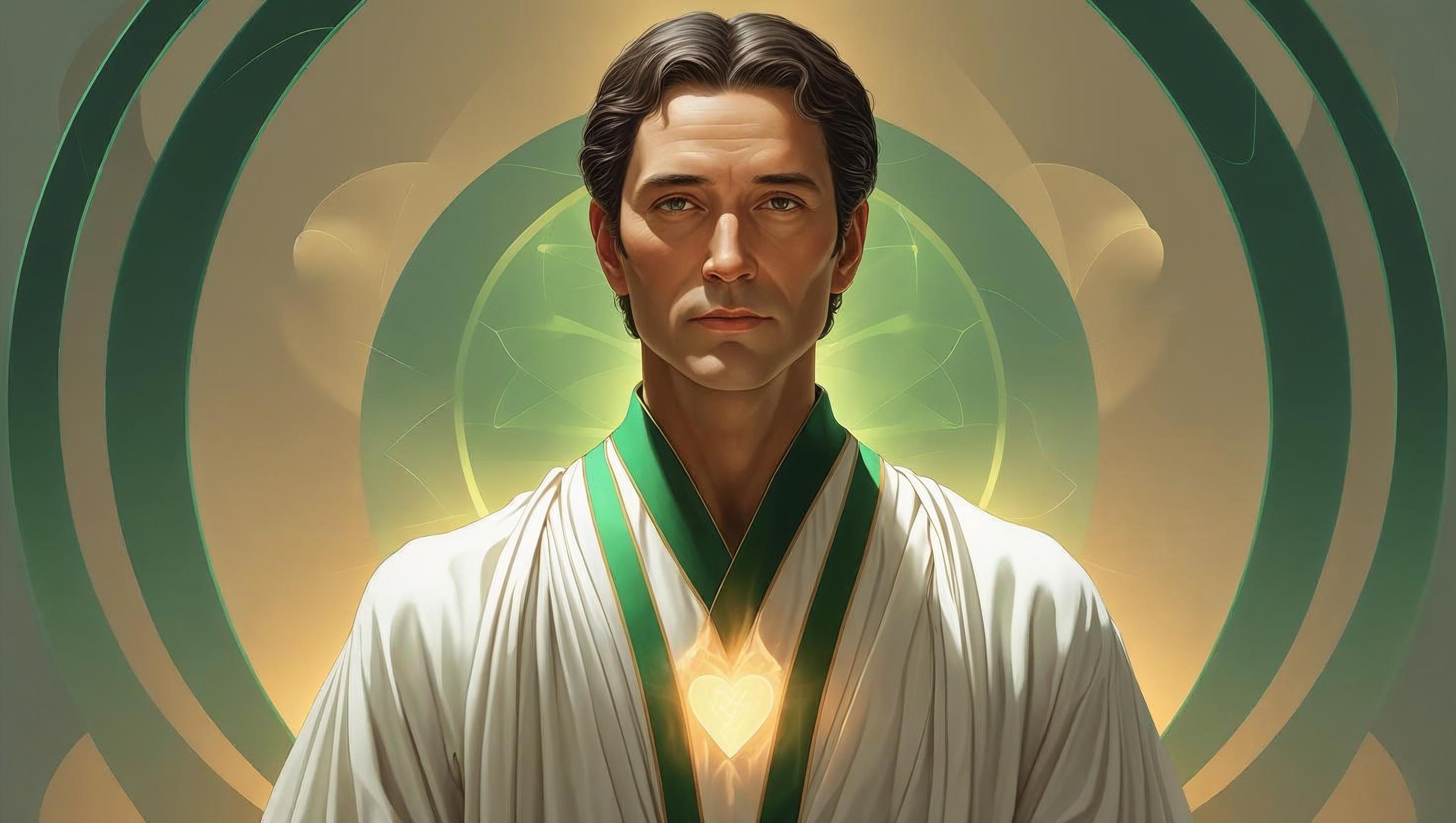 Maestro Hilarión irradiando luz verde esmeralda desde el corazón para sanar con la Verdad.