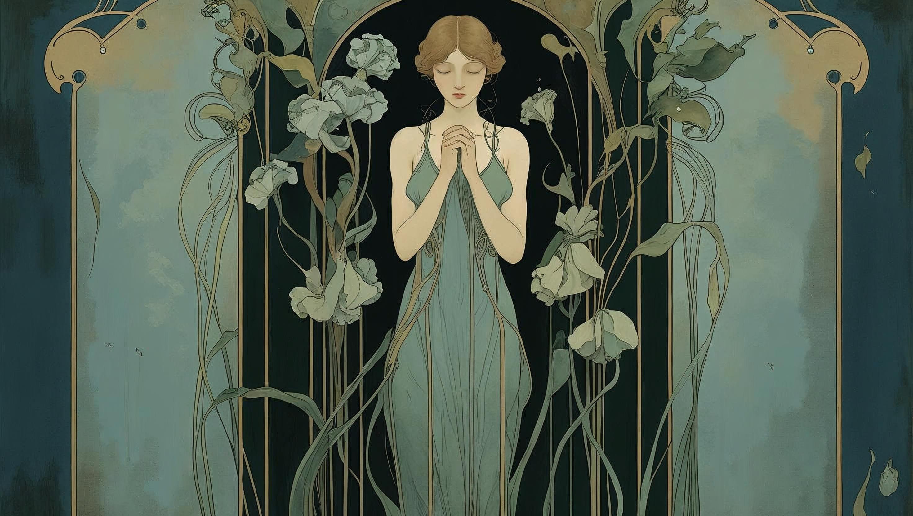Ilustración en estilo Art Nouveau que representa la pregunta ¿Cuándo se pierde la juventud?, con figura femenina introspectiva entre flores apagadas.