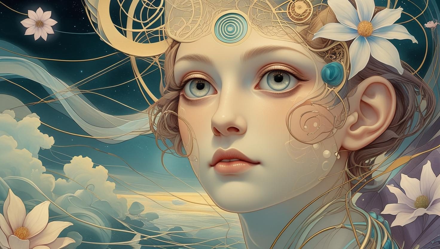 Rostro sereno y etéreo en estilo Art Nouveau, con detalles florales y líneas doradas, simbolizando la confusión y el despertar global.