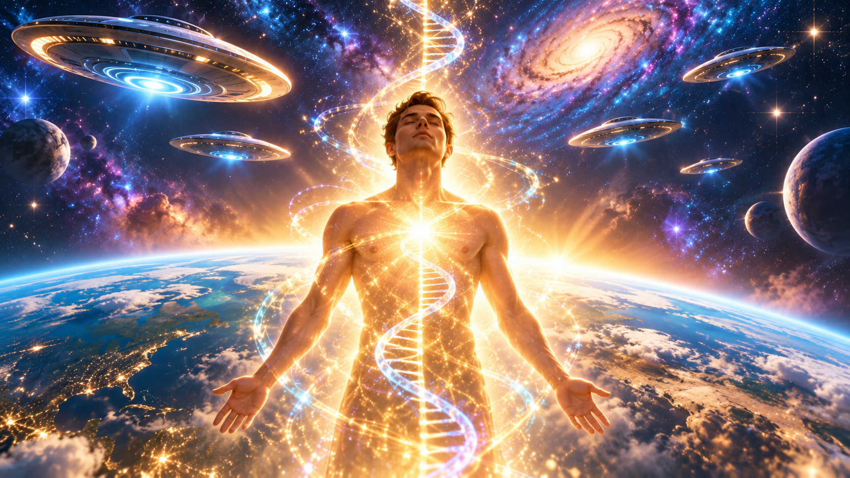 Ser humano con ADN luminoso rodeado de naves extraterrestres sobre la Tierra, símbolo de la fascinación por la humanidad.